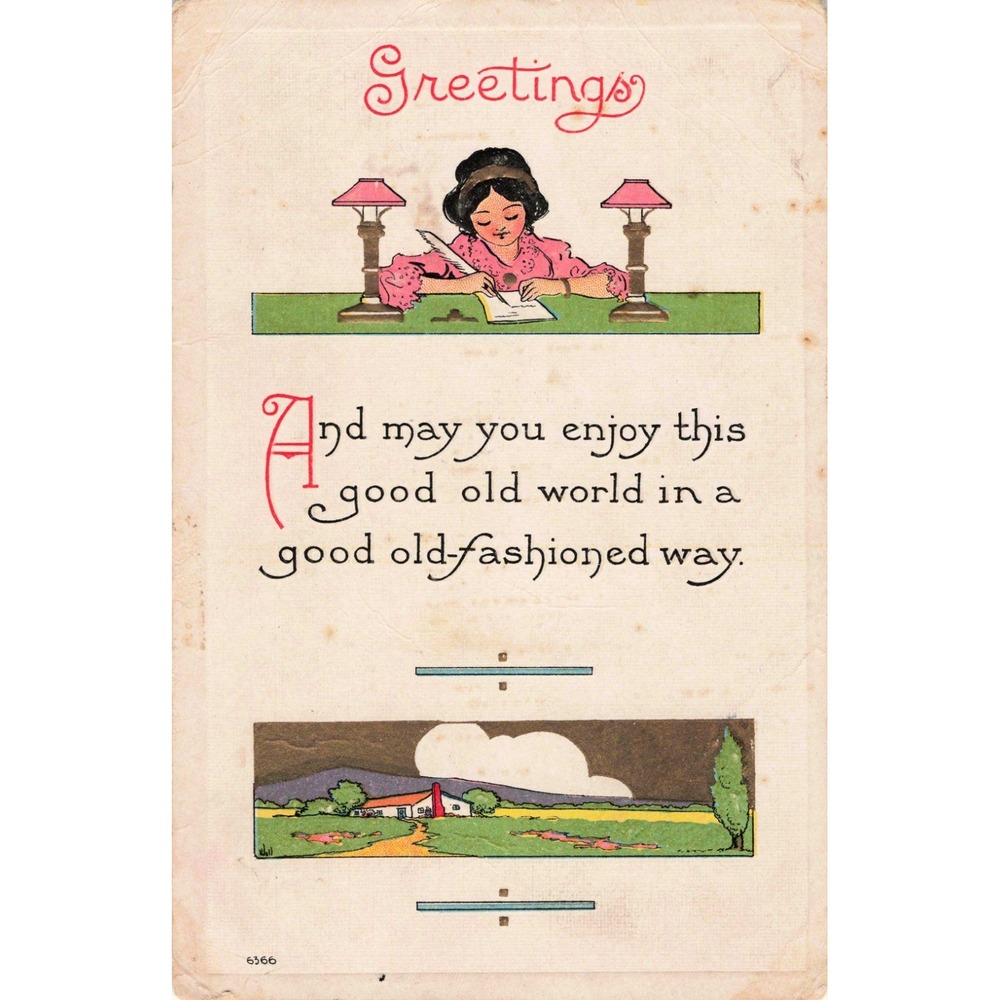 Vintage 1914 Greetings Postcard Woman Writing Letter Tolono IL Postmark 6366 - Picture 1 of 2